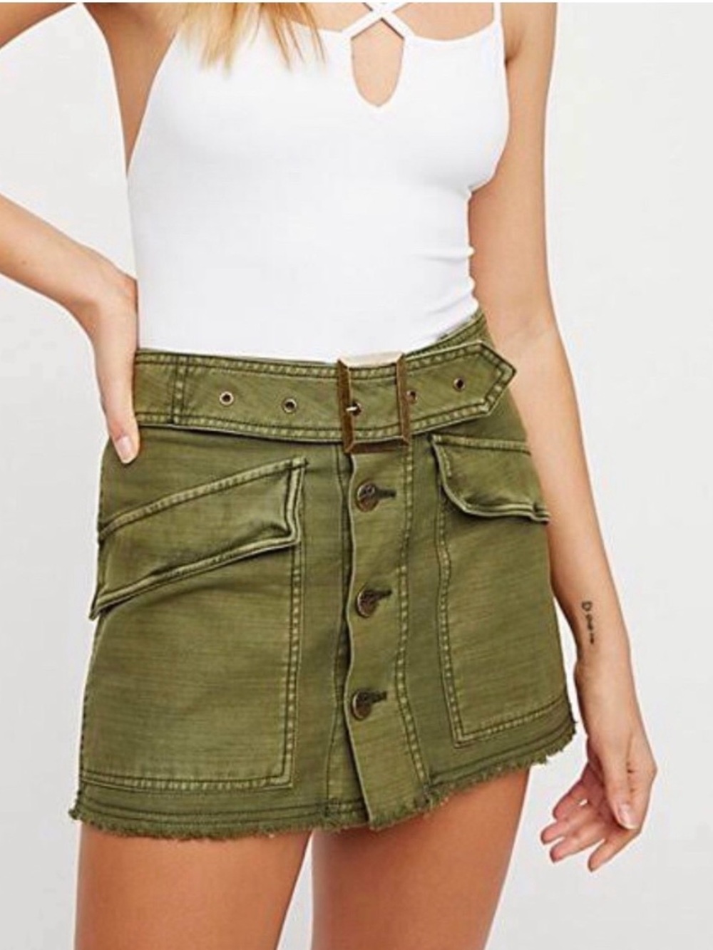 Free People Olive Green Utility Mini Skirt with Buckle Belt